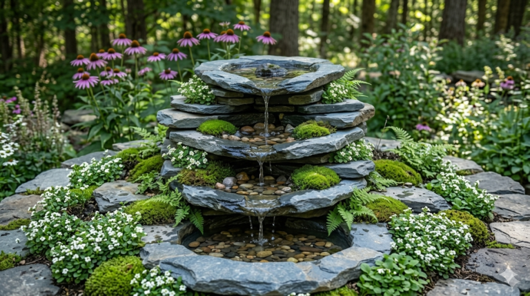 DIY Tiered Rock Waterfall Fountain for Small Gardens